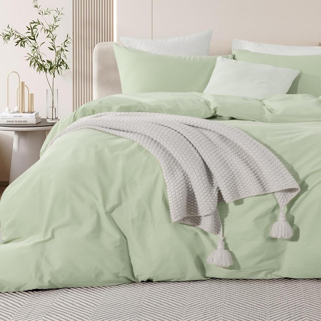 NEXHOME PRO Duvet Cover Set Oversized Queen 98"x98" Linen Feel Textured Organic Natural 100% Washed Cotton Duvet Cover 3 Pieces Bedding Set Zipper Closure, Breathable, Mint Green (No Comforter)