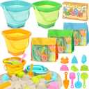 Dreamon Beach Toys for Kids 3-10, Collapsible Sand Toys Include 3 Pack Foldable Buckets with Mesh Bag, 24 PCS Beach Mold and Shovels Molds, Travel Sandbox Beach Toys for Toddler