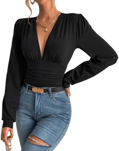 SURRO Women's Bodysuit Shirts Elegant Deep V Neck Leotard Blouses Long Sleeve Belly Hiding Tops Hook Closure XS
