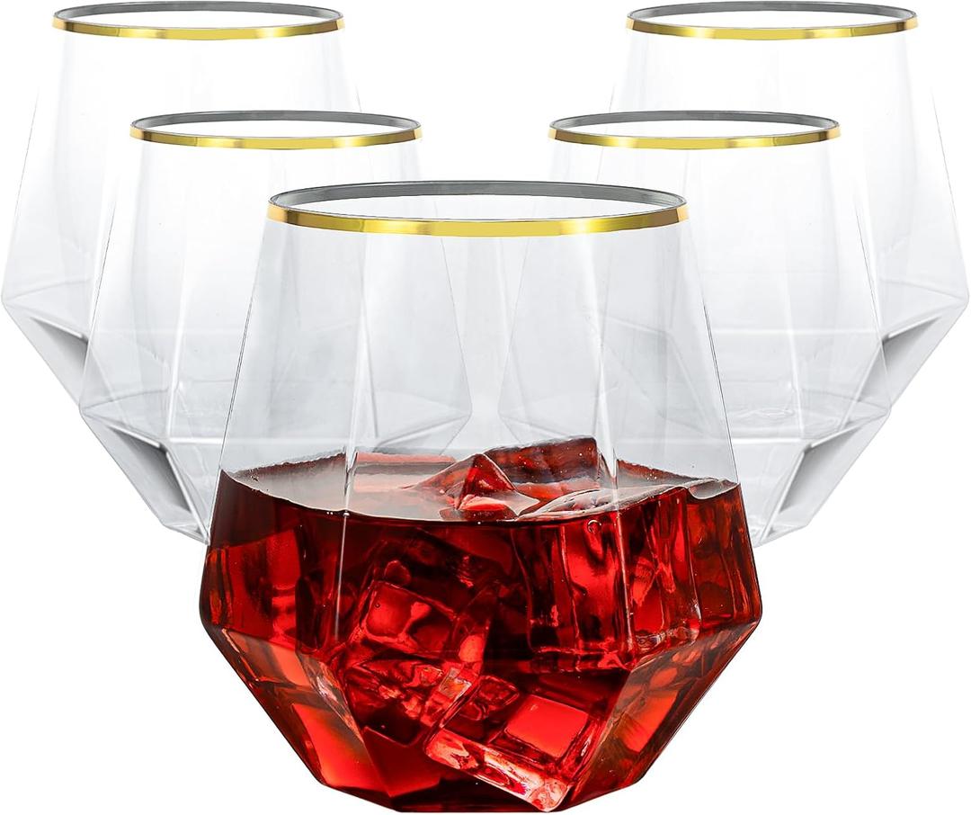 Goodluck 40 PCS Diamond Stemless Plastic Wine Whiskey Glasses, 12 Oz Disposable Cocktail Glasses, Suitable for Weddings, Birthday Parties, Family Gatherings, Bars, Gold Rimmed Cups (Clear and Gold)