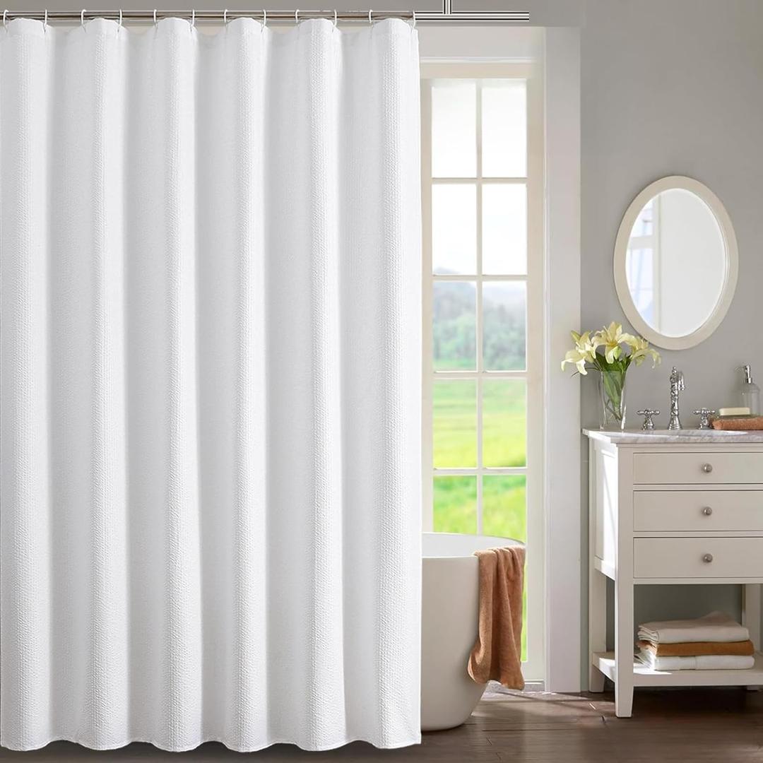 OWENIE White Shower Curtain for Bathroom 96 Inches Extra Long, Elegant 3D Embossed Textured Fabric Shower Curtains, Water Repellent, Machine Washable, Hotel Style, 72" W x 96" L, White