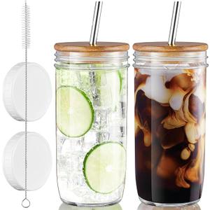 Glass Cups Set - 24oz Mason Jar Drinking Glasses with Acacia Wood Lids & Straws & Airtight Lids - Wide Mouth lced Coffee Cups Boba Bottle Tumbler for Bubble Tea, Smoothie - 2 Pack