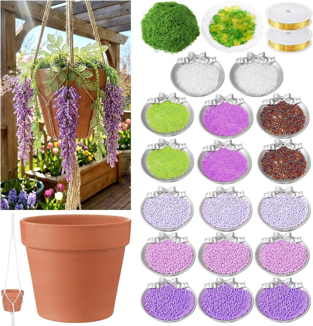 Potchen 13155 Pcs Wisteria Craft Beaded and 5 Inch Clay Pot Planter DIY Set, Glass Beads Plant Flower Making Kit with Artificial Moss Hanging Rope Purple Nature Series Colorful Crystal Leaf Jewelry