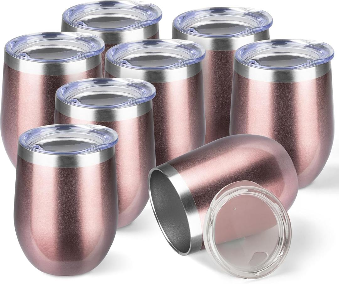 StarSpeed 12oz/8 Pack Wine Tumbler with lid, Stainless Steel Travel Mugs Stemless Double Wall Insulated Coffee Cup, Insulated Wine Glasses Travel Tumbler for Cold & Hot Drinks(Rose Gold, 8)