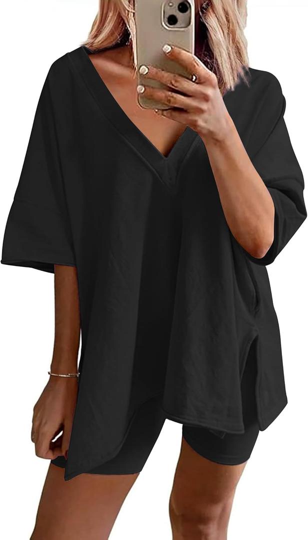 Ekouaer Women's Pajamas 2 Piece Lounge Sets Oversized V Neck T-Shirts Tops Biker Shorts Set Workout Reversible Tracksuit S-XXL (Black)