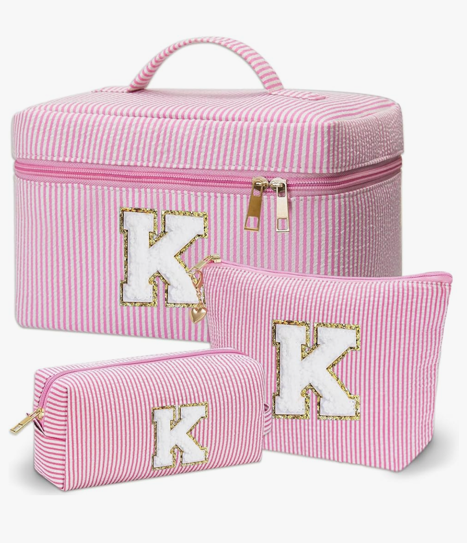 Personalized Monogram Makeup Bag, 3PCS Custom Monogrammed Toiletry Cosmetic Bag for 6-18 Teen Girls Women,Birthday Graduation Gifts Initial Pouch Makeup Bags for Women Girls, Make Up Bag (K, Pink)
