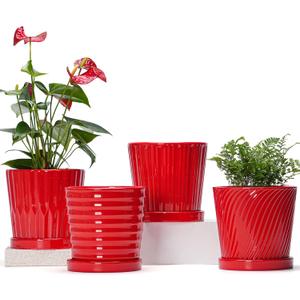 Ton Sin Plant Pots, 6 Inch Flower Pots for Plants,Ceramic Planter with Drainage Holes,Indoor Planter Pots with Saucer,Outdoor Garden Pots (Red, 4 Pack)