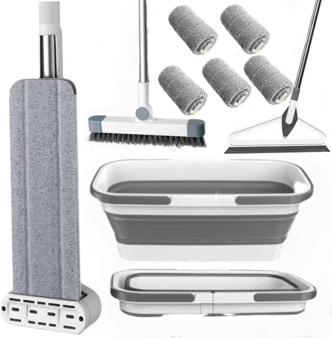 Microfiber Mop Bucket Set, Flat Mop with Bucket, Floor Brush & Glass Squeegee Included, Wet Dry Cleaning System with 6 Washable Pads (1 Mop+6 Microfiber Pads+1 Bucket+1 Floor Brush+1 Glass Wiper)