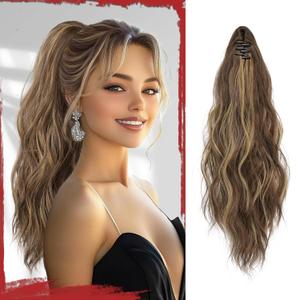 SOFEIYAN Ponytail Extension 16" Curly Wavy Claw Clip Ponytail Hair Extensions Small Claw Clip in Hairpiece Fluffy Clip on Pony Tails Jaw Clips for Women Synthetic Hairpiece, Brown Highlight Blonde