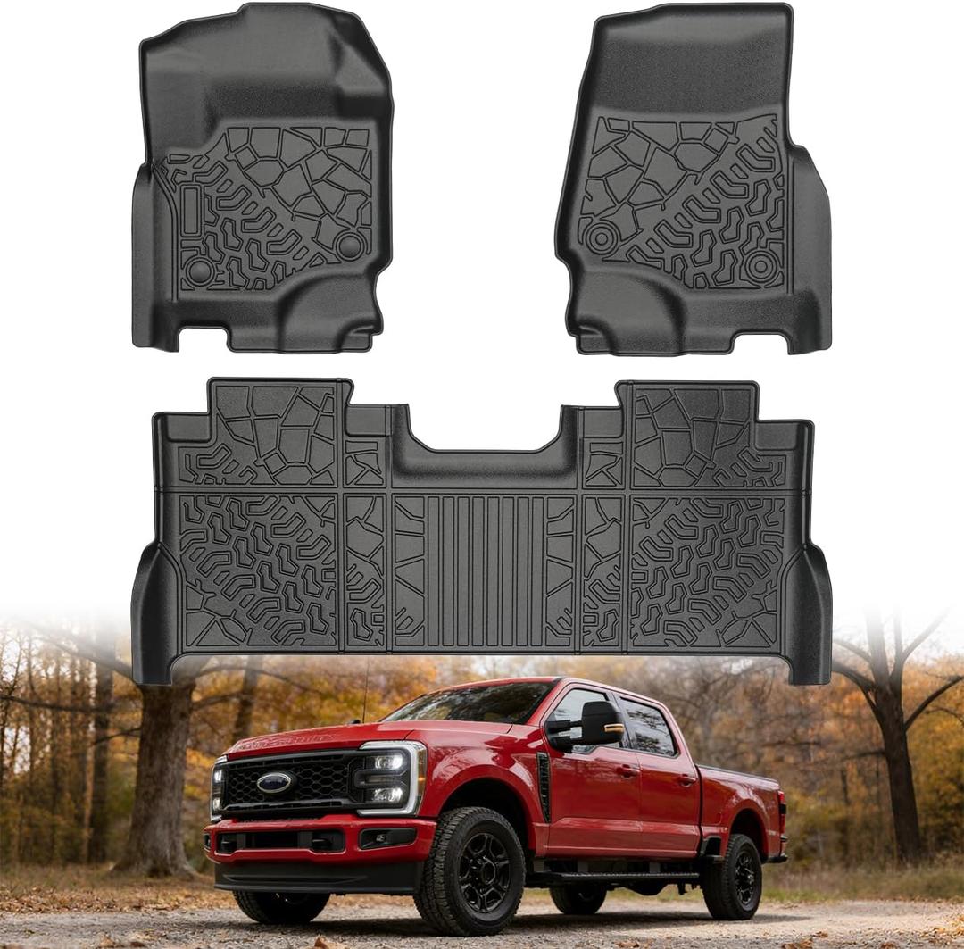 Floor Mats for Ford Super Duty F-250/F350/F450 Crew Cab 2017-2025 TPE Mat - All-Weather 3-Piece Set for Front & Second Row - Black
