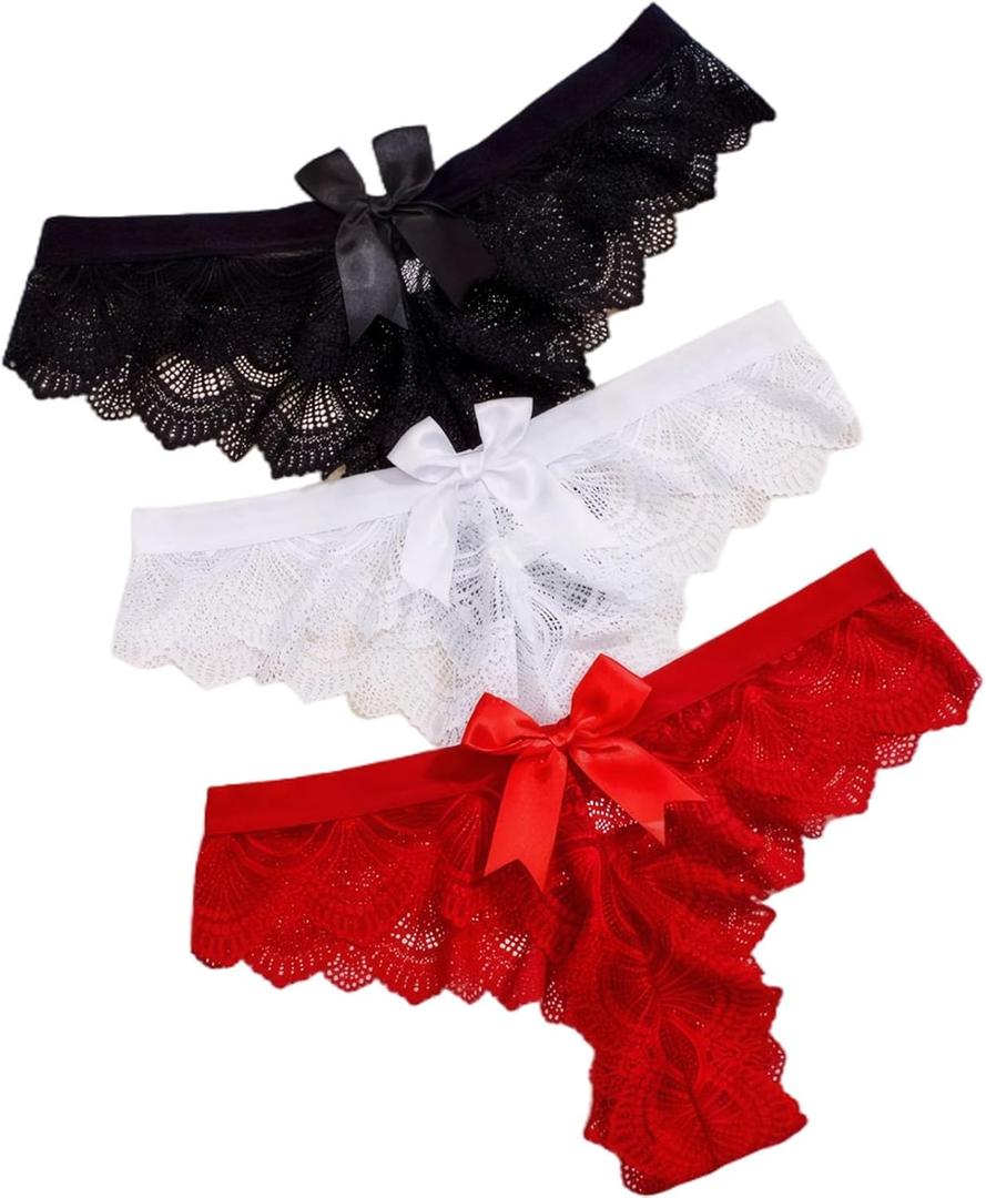 Amazleer 3 PCS Women's Lace Thong Panties with Random Bow Knot Sexy Cheeky Bikini Underwear (3, Multicolor, 2XL) 