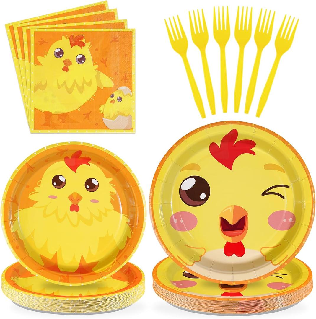 96Pcs Chicken Birthday Party Supplies Yellow Chicken Party Plates Disposable 350GSM Chicken Birthday PaperTableware Set for Kids Birthday Baby Shower Chicken Birthday Decorations, Serves 24