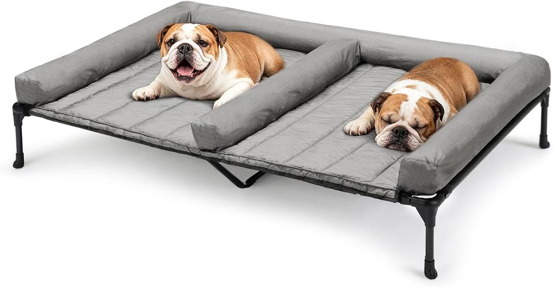 Veehoo Elevated Dog Bed for Two Dogs, Cooling Raised Dog Bed with Removable Waterproof Bolster Mat, 53" x 37.5" Double Dog Bed, Outdoor & Indoor Pet Cot with Breathable Mesh, Non-Slip Feet, Grey