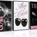 3Pcs Unframed Trendy Pink Preppy Wall Art Fashion Cat Disco Ball Cherry Canvas Posters Prints Funky Y2k Wall Decor Pictures for Girly Bedroom Apartment Dorm Decorations