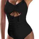 Pink Queen Women's One Piece Bathing Suit Tummy Control Drawstring Swimsuit V Neck Cutout Ruched Pool Party Swimwear Black X-Large