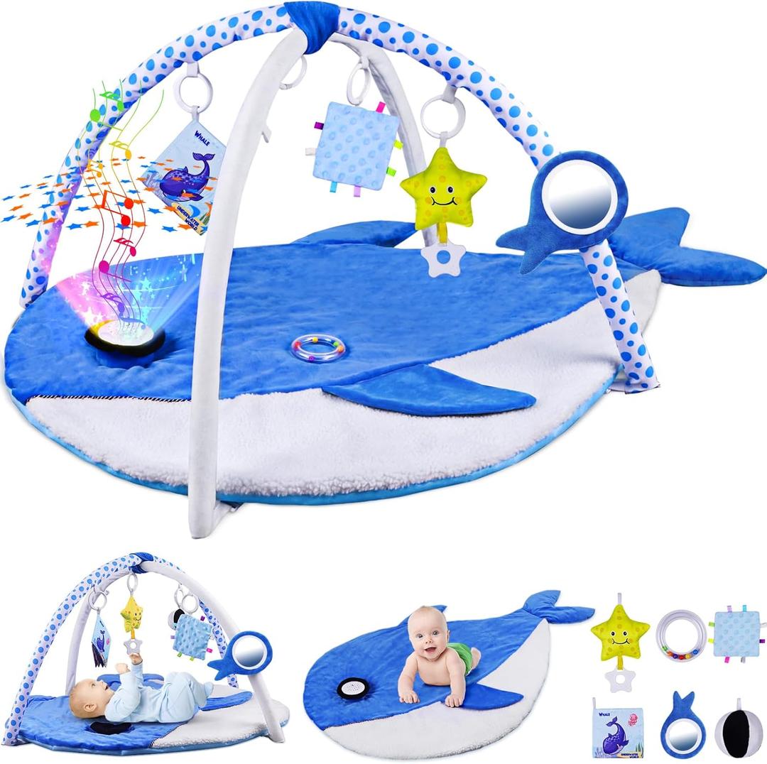 Baby Play Gym Mat w Projector, Tummy Time Mat w 6 Detachable Toys for Newborn, Oversize Whale Shaped Activity Mat for Babys 0-3 6 9 12 Months, Musical/Motor Skill Development Baby Essentials Gift Baby Play Gym Mat w Projector, Tummy Time Mat w 6 Detachable Toys for Newborn, Oversize Whale Shaped Activity Mat for Babys 0-3 6 9 12 Months, Musical/Motor Skill Development Baby Essentials Gift