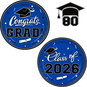 Graduation Party Dinnerware Blue Disposable Paper Plates for Congrats Grad Party Decorations, Serve 80