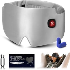 Silk Heated Eye Mask, 2000mAh Large Size Cordless Sleep Mask Warm Eye Compresses Electric Eye Heating Pad for Stye Blepharitis Dry Eyes Sinus Migraine Gifts for Men Woman (White)