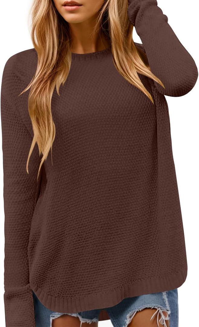 DB MOON Women Crewneck Long Sleeve Knitted Sweater 2025 Loose Fit Soft Solid Pullover (XX-Large, Brown)