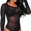 SEBOWEL Women Long Sleeves Mesh See Through Jumpsuit Bodysuit Top Leotard (Black, M)
