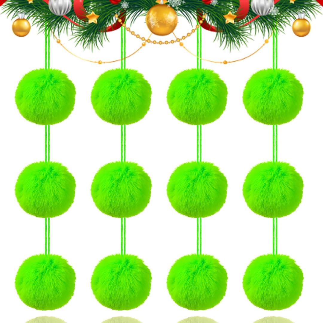 12Pcs Lime Green 2.36 Inch Furry Christmas Ornaments, Soft Fluffy Fuzzy Pom Pom Balls, Christmas Decorations Hanging Ornaments for Christmas Tree, Holiday Party, DIY Craft, and Indoor Mantel Decor