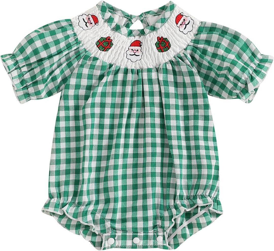 Newborn Baby Girl Smocked Thanksgiving Outfit Infant Plaid Bubble Romper Embroidery Turkey Fall Clothes (6-12 Months, Green Santa)