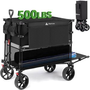 Hikenture Double Decker Wagon, 400L Extra Large Beach Wagon with Big Wheels for Sand, 500LBS Heavy Duty Collapsible Cart with Tailgate, Utility Carts Foldable for Beach, Sports