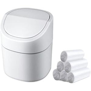 Mini Desk Trash Can with Lid with Trash Bags 180 Pcs Swing-Lid Tiny Countertop Garbage Bin Small Table Top Plastic Covered Waste Basket