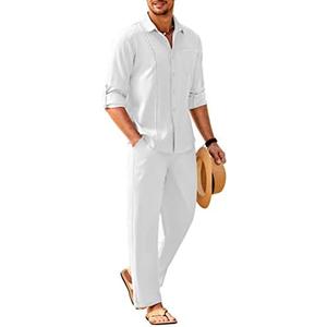 COOFANDY Mens Linen Sets 2 Piece Long Sleeve Button Down Cuban Shirt and Pants Set Summer Beach Set Outfits Size XL