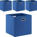 Cube Storage Bins 13x13 Linen Foldable Box with Handles, Collapsible Organization Basket Set of 4 Large Capacity Drawer for Closet Shelf Cabinet Bookcase Bedroom, Navy Blue