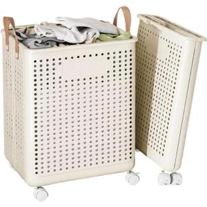 Slim Rolling Laundry Hamper with Wheels – Large Collapsible Clothes Basket with Leather-Style Handles, Space-Saving Laundry Organizer for Bedroom, Bathroom, Dorm & Small Spaces – Cream, 55 L