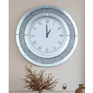 Crushed Diamond Wall Clock Round Decorative Mirrored Clock 32 inch Silver