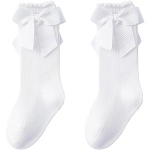 Baby Knee High Socks Girl Non Slip Toddler Stockings Cotton Bow Ruffle Newborn Long Socks Infant Dress Sock 0-6M/6-12M/1-3Y (2 Pair)