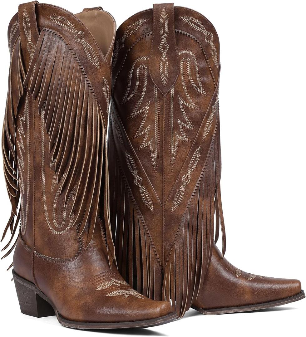 Mattiventon Cowboy Boots for Women Fringe Knee High Cowgirl Western Boots with Classic Embroidery Pointed Toe Chunky Heel for Weddings Parties (9.5, Brown)