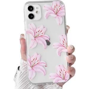 NITITOP Compatible with iPhone 12 Case Clear Cute Pink Lily Blossom Floral Flowers Pattern for Girls Women Soft TPU Transparent Shockproof Protective Phone Cover - Lilies