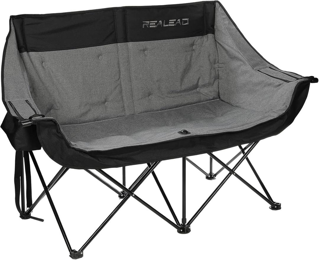 REALEAD Double Camping Chair - Oversized Camping Loveseat for Adults Two Person Support 650 lbs - Heavy Duty Folding Camp Chair with Cooler Bags for Outdoor Sports Beach (Grey)