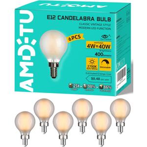 AMDTU 40W E12 Frosted Globe LED Bulbs, 2700K Warm White Dimmable Candelabra Base, Eye-Comfort Technology, Flicker-Free Decorative Lighting for Chandeliers, Dining Room, Vanity, and Bathroom Fixtures
