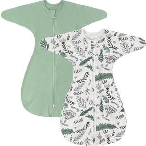 ZIGJOY Baby Transitional Swaddles for Newborns: 0.5 Tog Arms Up Sleep Sack 3-6-12 Months Soft Cotton Shark Fin 2 Way Zipper (2 Pack-green&leaf)