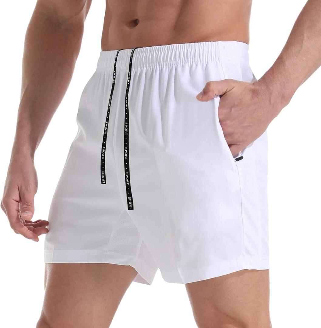 VPOS Gym Shorts for Men 5 Inch - Lightweight Mens Athletic Shorts Quick Dry Workout Running Shorts with Zipper Pockets (White, Medium)
