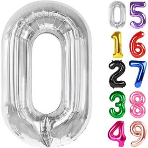 Silver Number 0 Balloon 40 Inch, 0 Balloon Number for 10th 20th 30th 40th 50th 60th Birthday Decorations, Silver Party Supplies