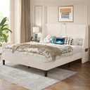 VECELO Queen Bed Frame with Upholstered Wingback Headboard, Heavy-Duty Platform Bedframe with Charging Station, Wooden Slats, No Box Spring Needed, Beige
