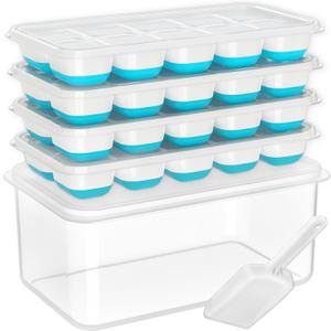 DOQAUS Ice Cube Tray with Lid and Bin, Pack of 4 Silicone Plastic Ice Cubes Trays for Freezer with Box/Container, Stackable with Storage Iced Bucket Kits, Scoop, for RV, Soup, Food, Cocktail, Coffee (8.2*4.5*3.6IN, Blue)