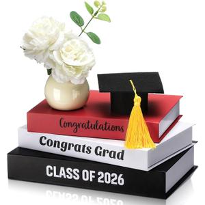 Yookeer 4 Pcs Graduation Table Centerpieces Decorative Book Set with Graduation Cap Stacked Farmhouse Style Books Printed Congratulations Grad Class of 2026" for Shelves Desk Home Decor(Red,Classic)