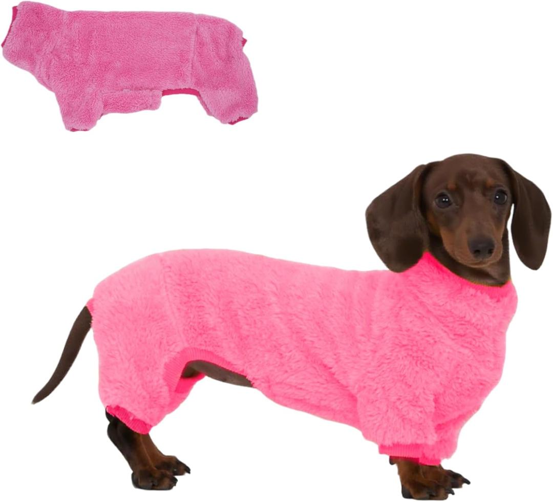 Dachshund Dog Fleece Jumpsuit Turtleneck Sweater, Suitable for Dachshunds, Winter Soft Cozy Dog Pajamas Clothes (Neon Pink, Large)