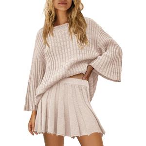 Yanekop Womens 2 Piece Sweater Skirt Set Loose Matching Lounge Sets Comfy Pajamas Set Long Sleeve Top and Skirt Sets (Beige, L)