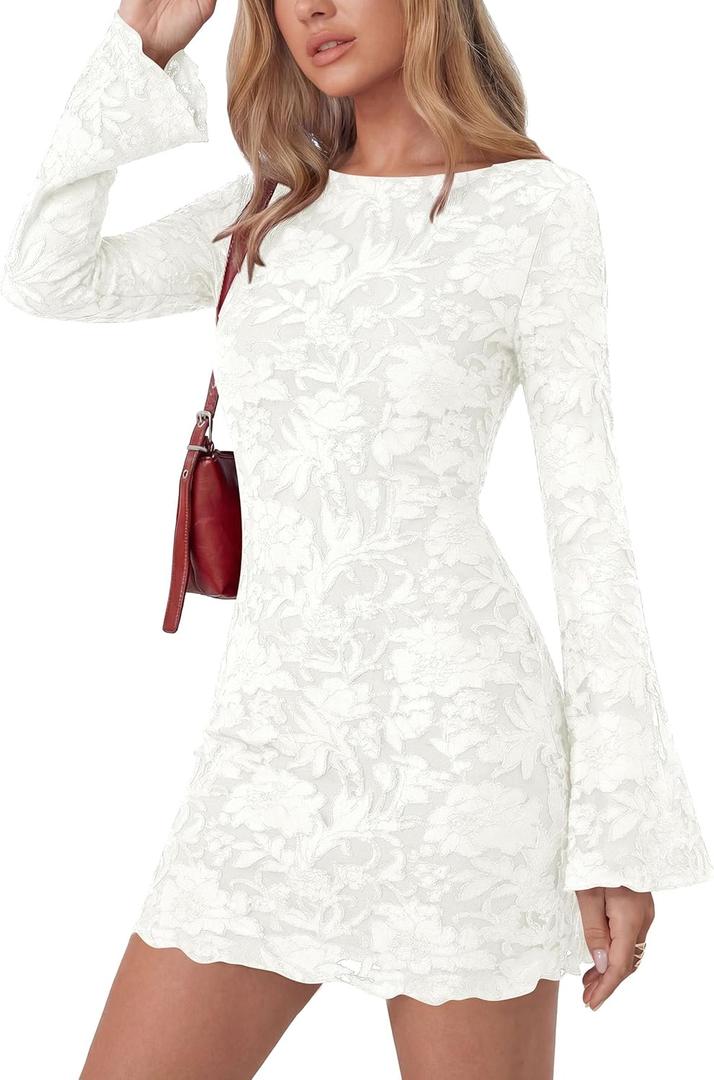 PRETTYGARDEN Women's 2026 Fall Fashion Floral Long Sleeve Mini Dress Mesh Bodycon Short Party Date Night Going Out Dresses (White, XS)