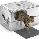 Ptlom Enclosed Stainless Steel Litter Box for Large Cats, Leak-Proof Metal Cat Toilet with Lid, Ventilated Top Opening Covered Cat Pan High Sided Walls, Scoop & Litter Mat, 27.7" x 19.8" x 15.1"