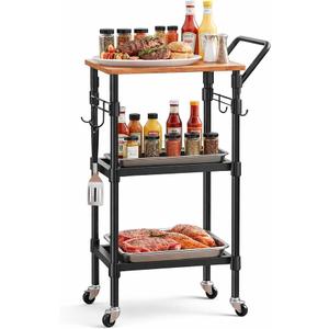 Small Kitchen Cart Adjustable-Height, 3-Tier Rolling Storage Organizer - Thick Shelves, Heavy-Duty Metal Frame & Wood Top, Handle Bar, for Kitchen, Office, Garage, 33.4"x13"x16"