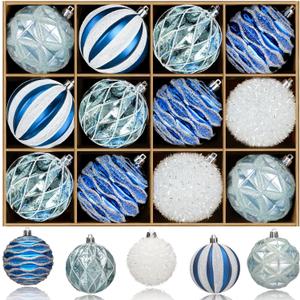 JORNOY Christmas Tree Ornaments Set of 12, 3.15inch/80MM Shatterproof Plastic Xmas Tree Ball Ornaments Bulk Decorative Hanging Baubles for Xmas Tree Decor Holiday Party Decorations, Light Blue
