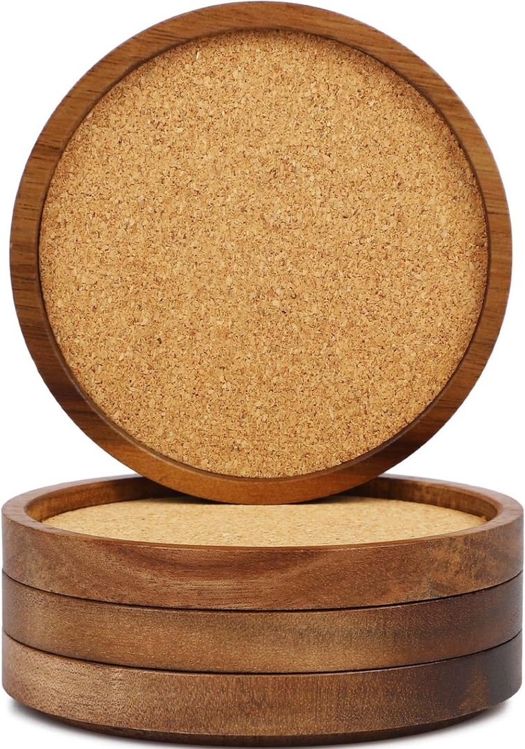 Wooden Drink Coasters Set of 4, Stackable Cup Coaster for Table, 4.2 inch Absorbent Cork Coasters Set for Tabletop Protection, Rustic Glass Coaster for Coffee, Home Decor.